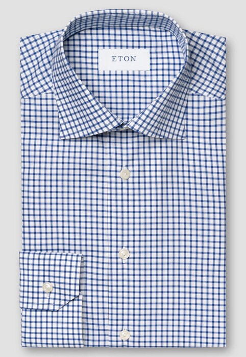 Eton Cotton Twill Stretch Check Pattern Shirt Blue