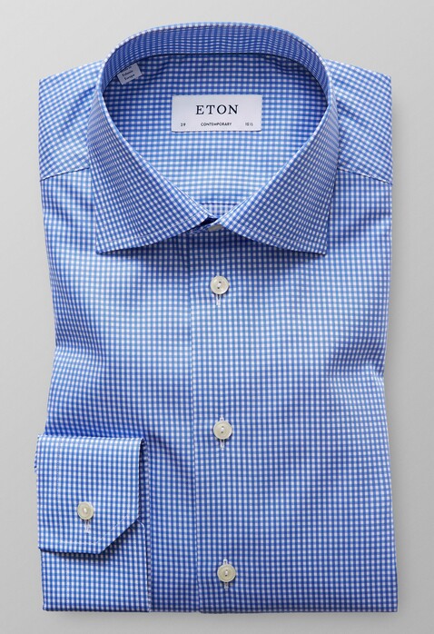 Eton Cutaway Mini Check Overhemd Diep Blauw