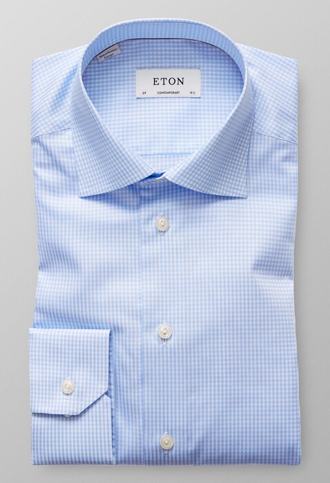 Eton Cutaway Mini Check Overhemd Licht Blauw