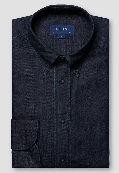 Eton Denim Twill Button Down Mélange Effect Garment Washed Overhemd Navy