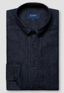 Eton Denim Twill Button Down Mélange Effect Garment Washed Shirt Navy