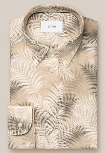 Eton Detailed Leaf Pattern Luxury Soft Garment Washed Linnen Overhemd Beige