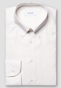 Eton Fine Basketweave Texture Signature Oxford Bengal Stripe Shirt Beige