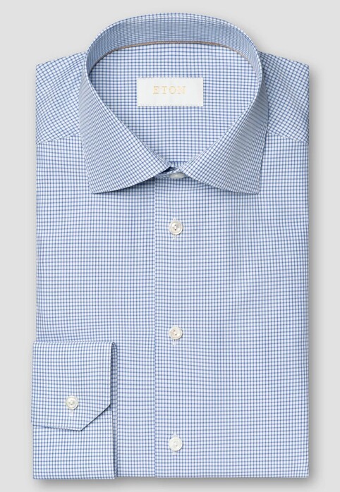 Eton Fine Check Luxury Organic Supima Cotton Twill Overhemd Blauw