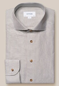 Eton Fine Checked Cotton Linen Mother of Pearl Buttons Shirt Brown