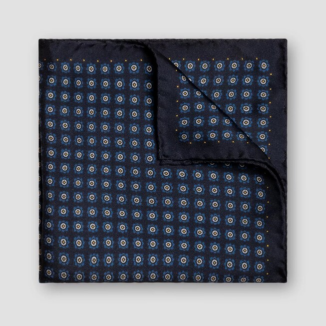 Eton Fine Geometric Pattern Silk Twill Pocket Square Navy