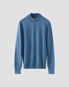 Eton Fine Knit Cotton Cashmere Soft Touch Quarter Zip Pullover Blue