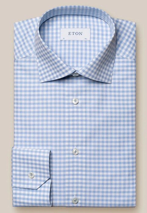 Eton Fine Piqué Check Mother of Pearl Buttons Overhemd Licht Blauw