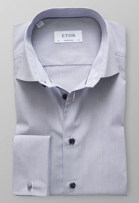 Eton Fine Striped Poplin French Cuff Overhemd Dark Navy