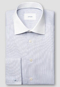 Eton Fine Striped White Contrast Collar Signature Twill French Cuff Overhemd Blauw