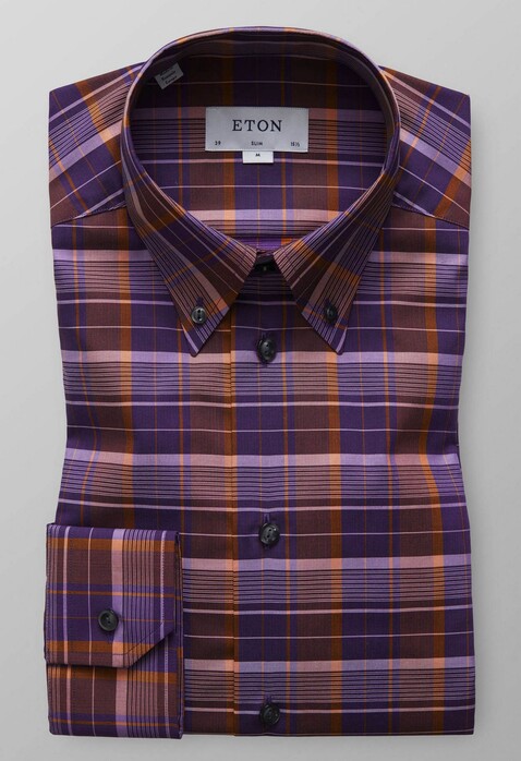 Eton Fine Twill Button Down Check Shirt Purple-Orange
