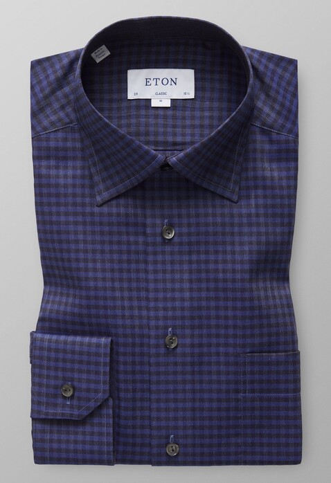 Eton Fine Twill Check Flannel Overhemd Donker Blauw