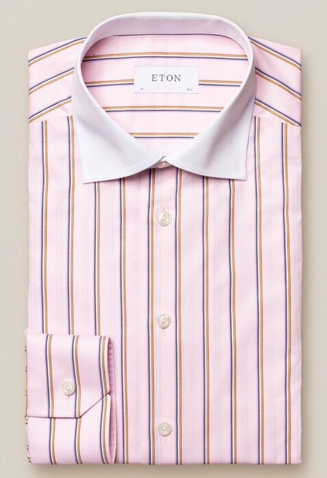 Eton Fine Twill Fantasy Multicolor Stripe Contrast Collar Overhemd Roze