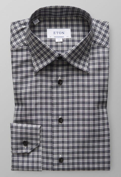 Eton Fine Twill Overcheck Flannel Shirt Grey