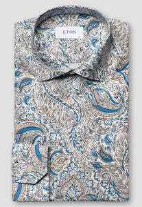 Eton Fine Twill Rich Paisley Pattern Mother of Pearl Buttons Shirt Blue-Beige