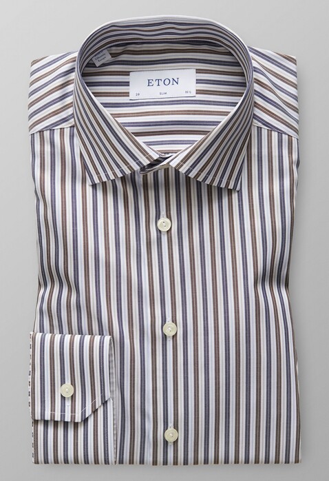 Eton Fine Twill Stretch Stripe Shirt Brown