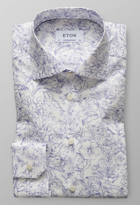 Eton Floral Contrast Poplin Overhemd Donker Blauw