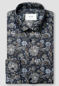 Eton Floral Fantasy Organic Cotton Signature Twill Overhemd Donker Blauw