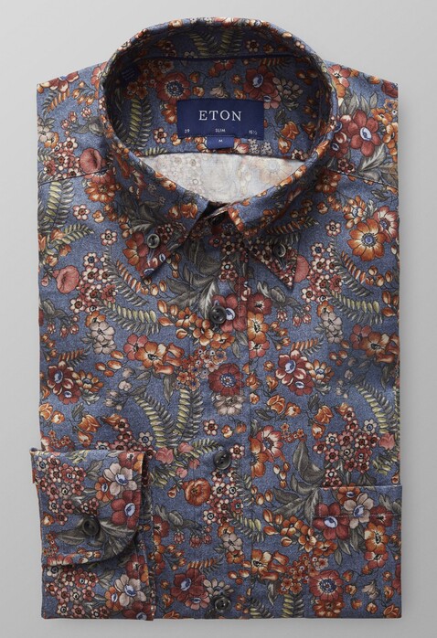 Eton Floral Flannel Button Down Overhemd Donker Blauw