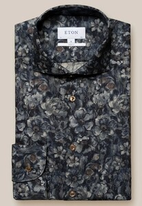 Eton Floral Pattern Merino Wool Mother of Pearl Buttons Shirt Navy