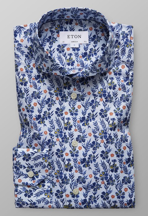 Eton Floral Print Twill Shirt Deep Blue Melange