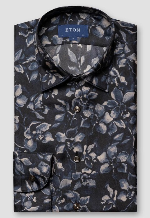 Eton Floral Silk Twill Mother of Pearl Buttons Overhemd Donker Grijs