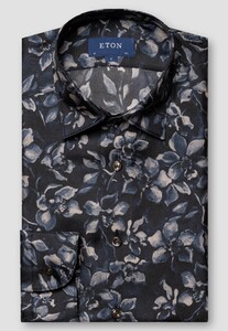 Eton Floral Silk Twill Mother of Pearl Buttons Shirt Dark Gray