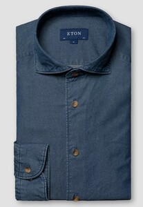Eton Garment Washed Denim Horn Effect Buttons Shirt Dark Evening Blue