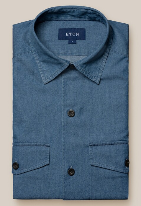 Eton Garment Washed Satin Indigo Denim Horn Effect Buttons Overshirt Dark Evening Blue