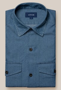 Eton Garment Washed Satin Indigo Denim Horn Effect Buttons Overshirt Donker Blauw