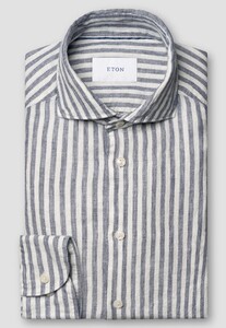 Eton Garment Washed Striped Linen Twill Airy Soft Touch Shirt Dark Evening Blue