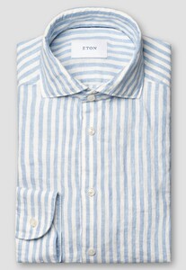 Eton Garment Washed Striped Linnen Twill Airy Soft Touch Overhemd Licht Blauw