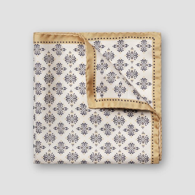 Eton Geometric Graphic Medallion Pattern Silk Pocket Square White-Beige