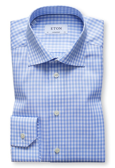 Eton Gingham Check New Style Overhemd Pastel Blauw