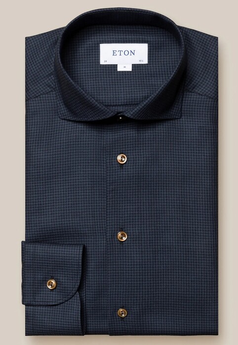 Eton Houndstooth Brushed Merino Wool Mother of Pearl Buttons Overhemd Navy