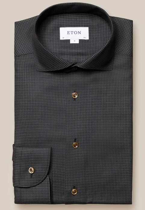 Eton Houndstooth Brushed Merino Wool Mother of Pearl Buttons Overhemd Zwart