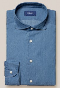 Eton Indigo Dyed Italian Woven Lightweight Denim Shirt Mid Blue