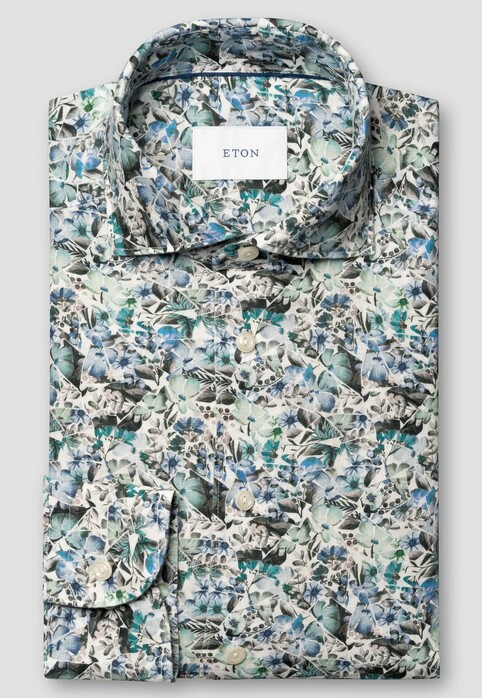 Eton Inspired Floral Mosaic Pattern Linnen Overhemd Blauw-Multi