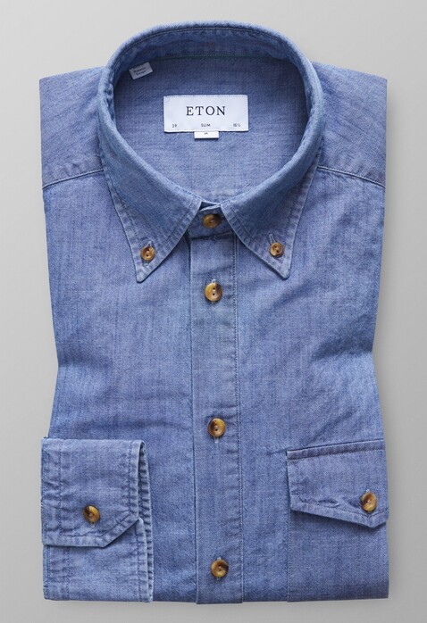 Eton Light-Wash Denim Popover Overhemd Licht Blauw Melange