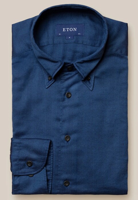 Eton Lightweight Flannel Herringbone Button Down Shirt Dark Evening Blue