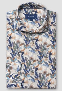 Eton Linnen Palm Leaves Fantasy Pattern Wide Spread Collar Overhemd Blauw-Multi