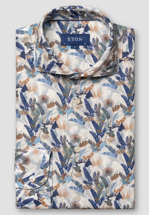 Eton Linnen Palm Leaves Fantasy Pattern Wide Spread Collar Overhemd Blauw-Multi