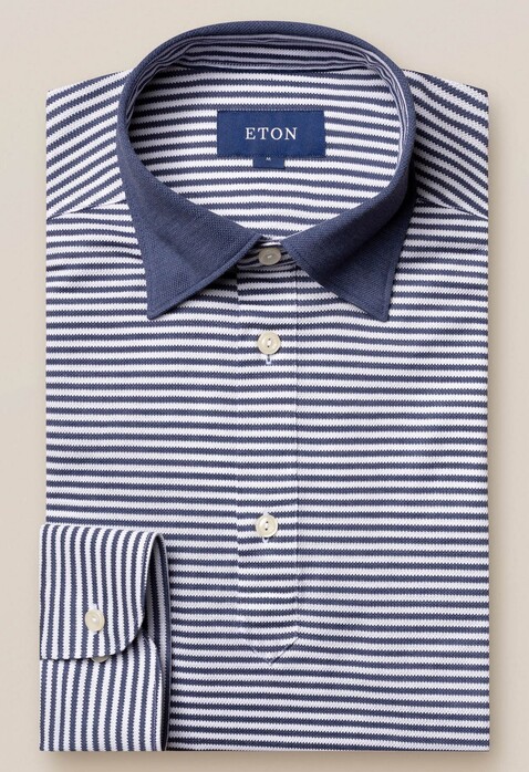Eton Long Sleeved Stripe Polo Navy