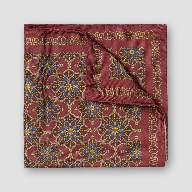 Eton Medallion Pattern Panama Silk Weave Pocket Square Dark Red