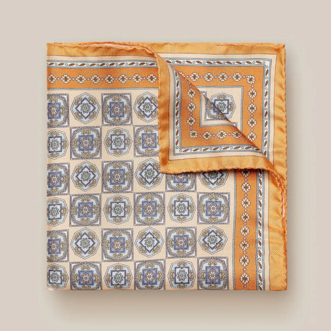 Eton Medallion Pattern Silk Pocket Square Fine Orange