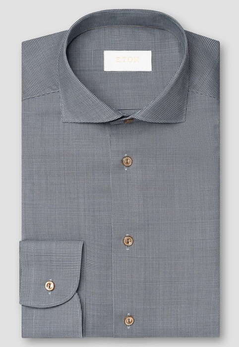 Eton Micro Houndstooth Luxury 120 Merino Wool Mother of Pearl Buttons Overhemd Donker Bruin