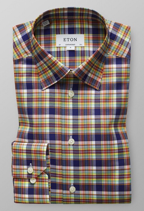 Eton Multi Check Button Under Shirt Navy