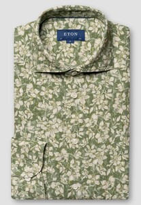 Eton Orchid Allover Floral Pattern Linen Garment Washed Shirt Green