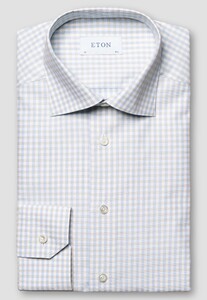 Eton Organic Cotton Fine Piqué Check Mother of Pearl Buttons Shirt Beige-Blue