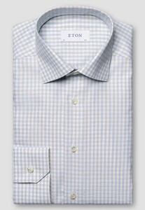 Eton Organic Cotton Fine Piqué Check Mother of Pearl Buttons Shirt Beige-Blue